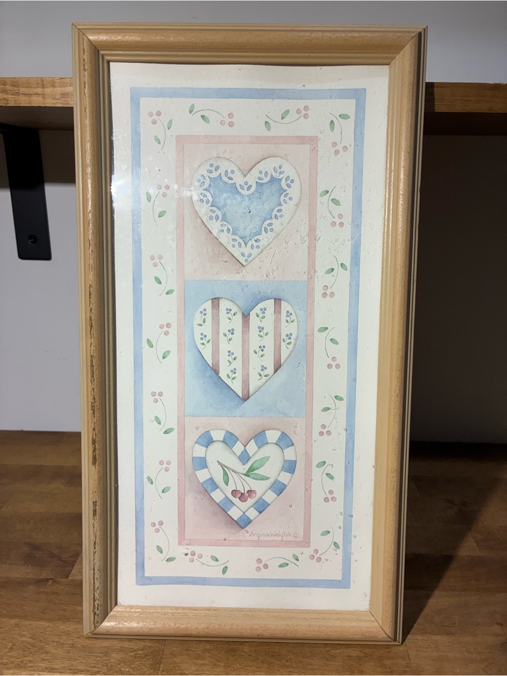 Vintage Virginia Welytok 3 Heart Framed Art Cottagecore Shabby Chic 18”